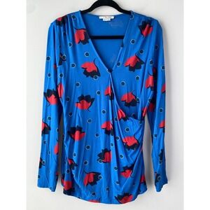 Boden Faux Wrap‎ Top 14R Blue Floral Dot Long Sleeve Stretch Oriental Preppy
